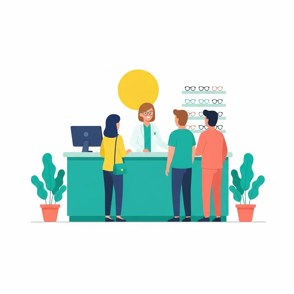 Happy optometry office with satisfied staff and patients