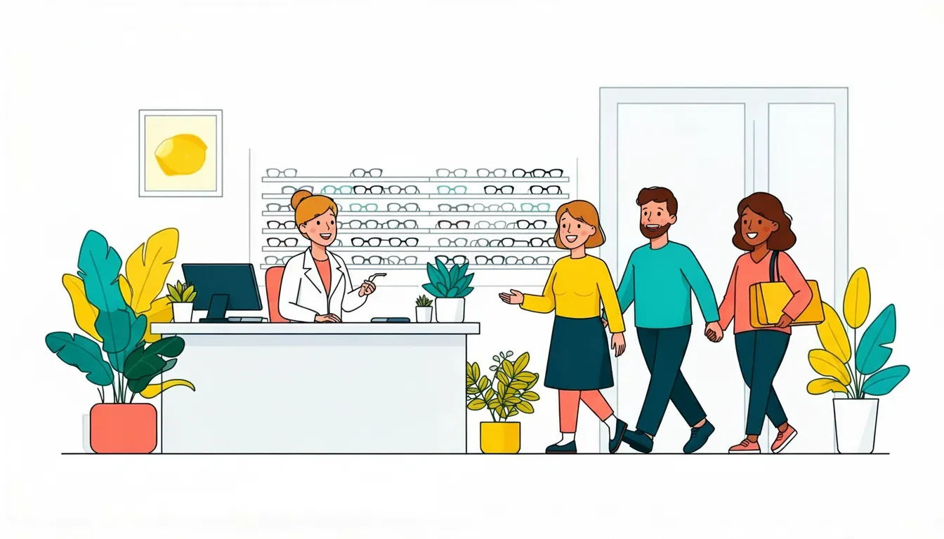 Happy optometry office with satisfied staff and patients